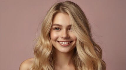 Fototapeta premium A blonde woman with long hair is smiling and looking at the camera