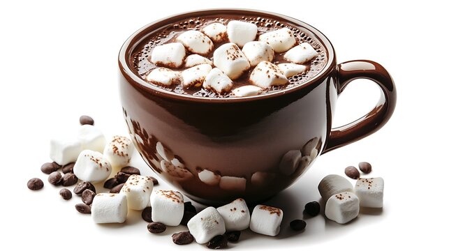 Steaming Hot Chocolate with Marshmallows in Ceramic Mug on White Background, High Detail Close-up Shot with 18mm Lens