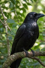 A black crow is perched on a tree branch