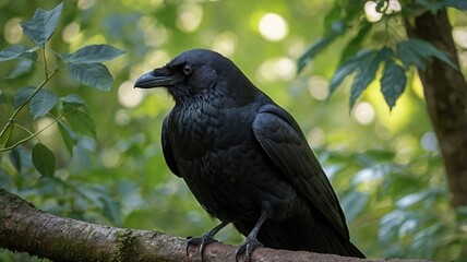 Fototapeta premium A black crow is perched on a tree branch