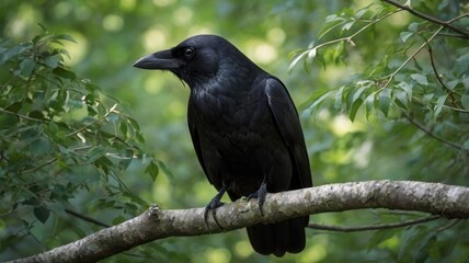 Obraz premium A black crow is perched on a tree branch