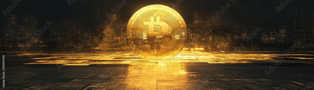 Poster a vibrant digital representation of a bitcoin symbol glowing against a dark, futuristic background, 