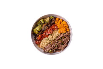 Bowl of food with beef, bulgur, tomatoes, mushrooms, zucchini
