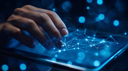 Businessman's hand using tablet with network connection on blue background. Technology concept