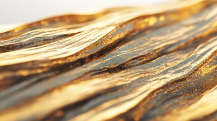 Fototapeta premium Close-up of golden fabric with a detailed, textured surface, illuminated by soft, warm lighting creating a luxurious feel.