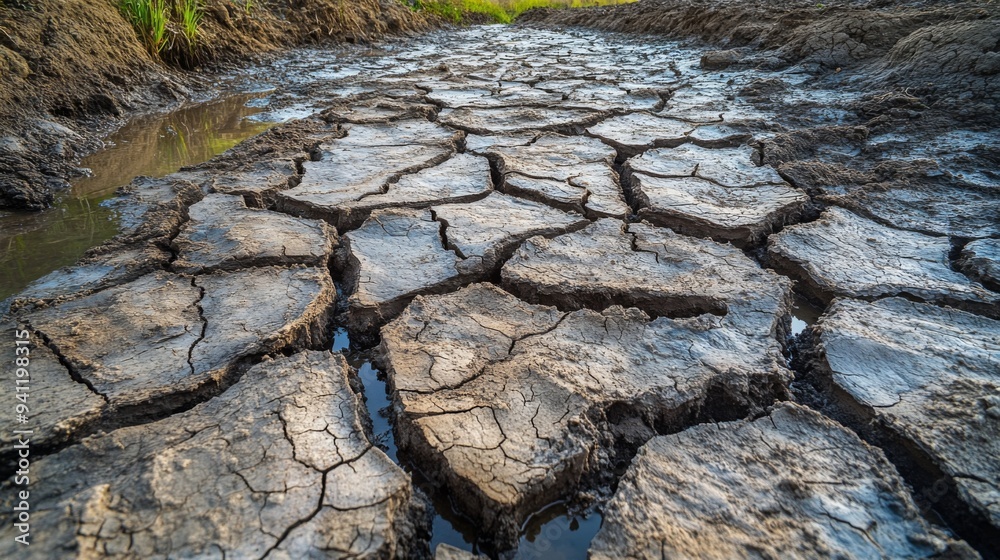 Poster a close-up of a parched riverbed with dried-up cracks, demonstrating the effects of prolonged heat a