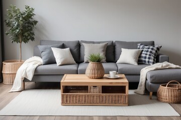 Fototapeta premium Modern Living Room with Grey Sectional Sofa, Wicker Baskets, and Wooden Coffee Table