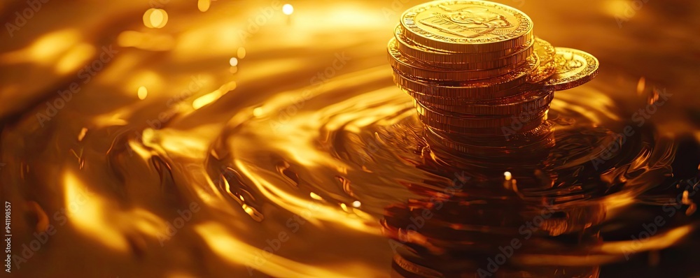Poster a stack of coins gleaming in warm golden tones, immersed in shimmering water, symbolizing wealth and