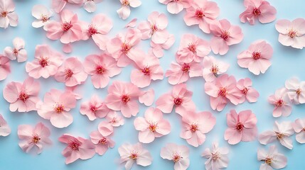 Obraz premium Beautiful Pink Cherry Blossoms in Ultra Realistic Top View Close-Up on Sky Blue Background