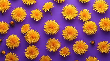 Golden Dandelion Heads on Majestic Purple Background - Ultra Realistic Top View Close Up