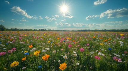 Fototapeta premium idyllic spring meadow scene sundappled field of wildflowers and lush grass stretching towards a radiant blue sky creating a serene and uplifting natural panorama