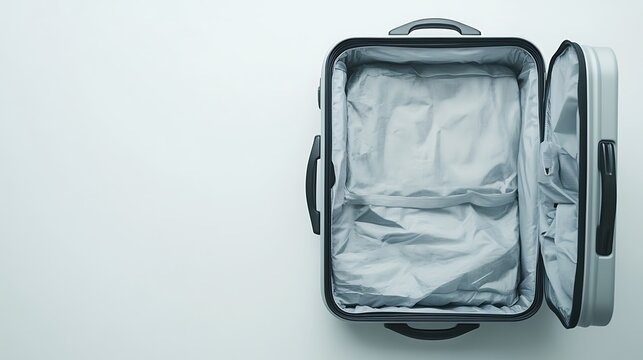 Minimalist Travel: Top View of Empty Suitcase on White Background Close Up with Implications of Packing and Jet-setting Adventures