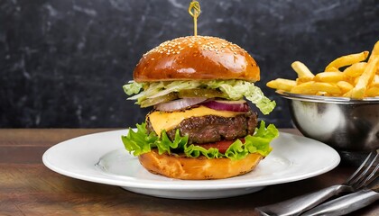 Appetizing Beef Tenderloin Burger Featuring Fresh Lettuce and Melted Cheese on a White Plate, Perfectly Paired with a Metal Bowl of Crispy Fries, Making the Burger the Central Focus of this Tasty Pres