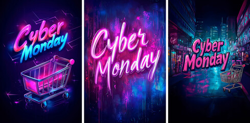 Neon Cyber Monday sale graphics with shopping cart, website advert, blog banner, sale banner, Cyber Monday advertising, commercial advert