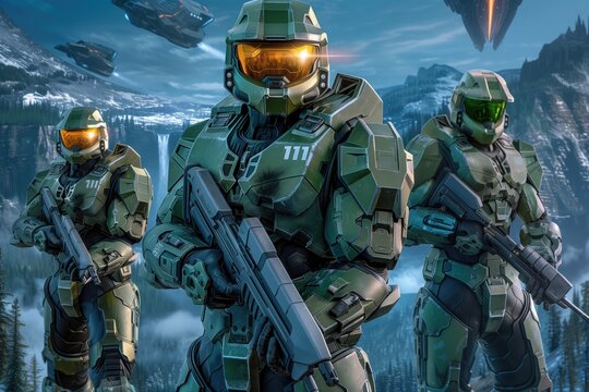 Master Chief from , standing on a battlefield with a plasma rifle, as alien ships descend from the sky 