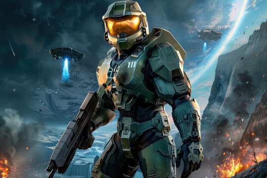 Master Chief from , standing on a battlefield with a plasma rifle, as alien ships descend from the sky 