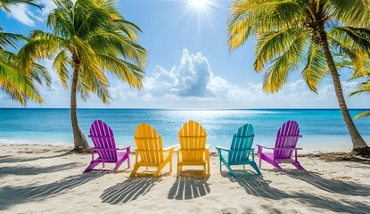 Relaxing on the Beach with Colorful Chairs and Palm Trees