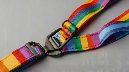 A colorful rainbow-striped fabric lanyard with a plastic breakaway buckle, isolated on a light grey background, emphasizing vibrant colors and design