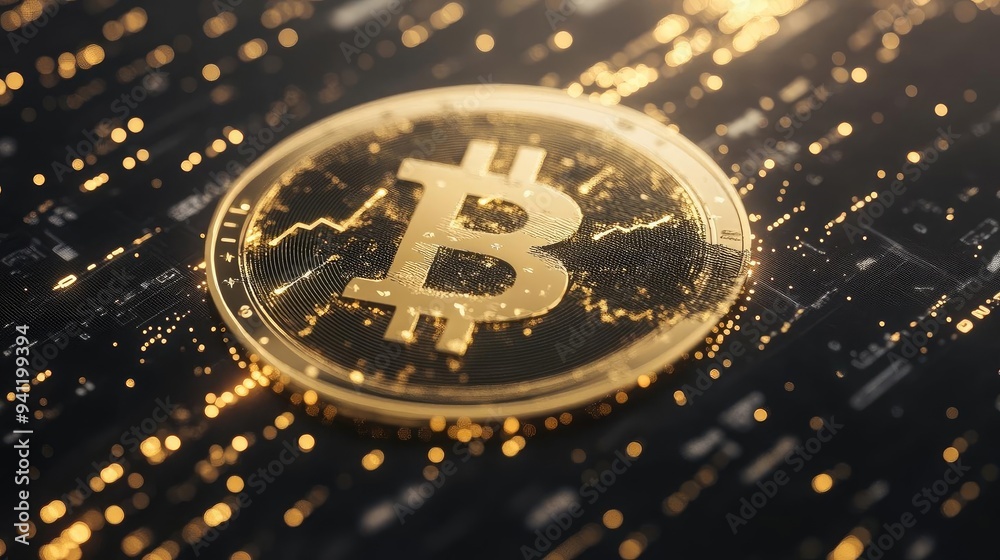 Aufkleber glowing bitcoin symbol surrounded by golden particles on a dark background, representing digital cur