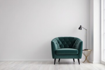 Green Velvet Armchair with Gold Side Table and Lamp in a Minimalist Room