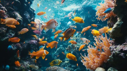 Naklejka premium A close-up of a school of colorful reef fish swimming around a vibrant underwater structure, showcasing their natural habitat and interactions.