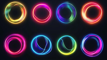 A set of glowing neon color circles with wavy dynamic lines on a black background, ideal for badges, price tags, and labels. --ar 16:9 --v 6.1 Job ID: a623cb40-ae4d-4685-9fa8-31a03999b711