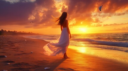 A woman in a flowing gown stands on a sunset beach, embracing nature&rsquo;s tranquil beauty.
