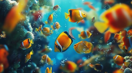 Fototapeta premium A close-up of a school of colorful reef fish swimming around a vibrant underwater structure, showcasing their natural habitat and interactions.