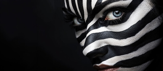 close up portrait woman with zebra makeup, isolated black background