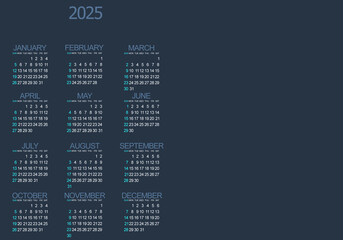 Year 2025. Calendar of the new year in grid on dark blue background. Image with copy space. Horizontal year planner template. Wall calendar.