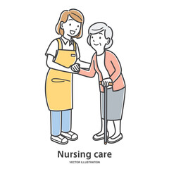 高齢女性の歩行を介助する介護士の女性