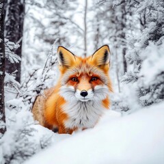 Obraz premium 13. **Stunning red fox in a snow-covered forest, its vivid orange fur contrasting sharply with the white surroundings**, [Vivid wildlife contrast], [fox in winter landscape]