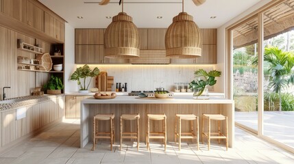Modern kitchen with natural elements and open space, featuring wooden accents and plants.