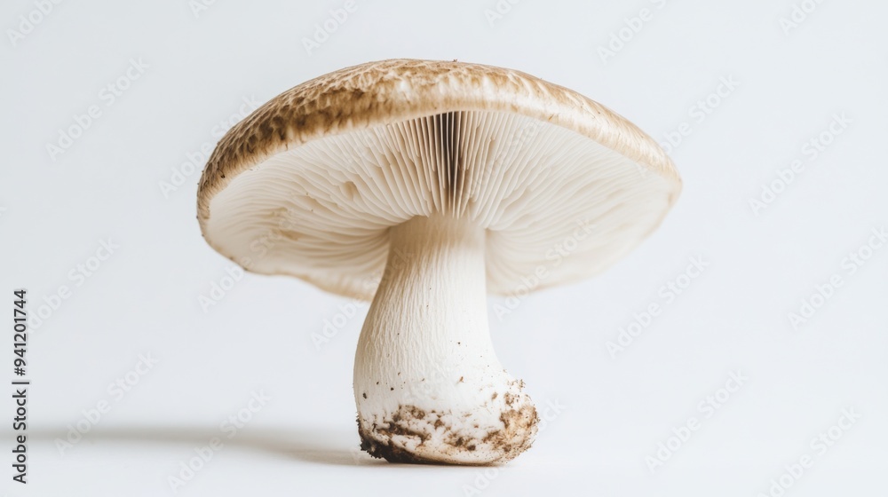 Poster a close-up of a single mushroom with its cap and gills clearly visible, set against a plain white ba