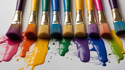 Fototapeta premium Eight colorful paintbrushes with paint splashes on white backdrop, symbolizing creativity and art.