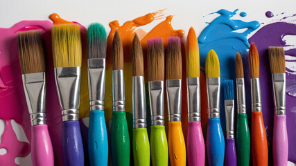 Fototapeta premium Eight colorful paintbrushes with paint splashes on white backdrop, symbolizing creativity and art.