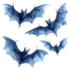 Fototapeta premium Watercolor bats with a stylized dark silhouette. The project is surrounded by a white background. The attributes are Halloween-related.