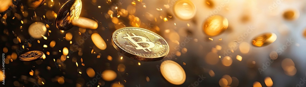 Aufkleber A dynamic scene featuring floating Bitcoin coins amidst a shimmering background, symbolizing digital currency and investment potential.