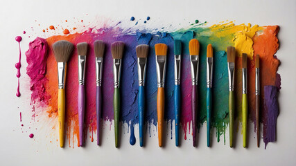 Eight colorful paintbrushes with paint splashes on white backdrop, symbolizing creativity and art.