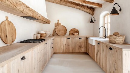 A rustic kitchen with reclaimed wood cabinets, an exposed wooden ceiling, and vintage-inspired decor, blending old-world charm with modern comfort