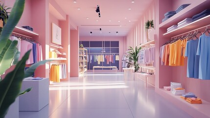 Shopping Clothing Store Interior. Modern Fashionable Shop, Clothes for Every Taste. Stylish Brand Design, Fashionable Colors, Quality Sustainable Materials. No People