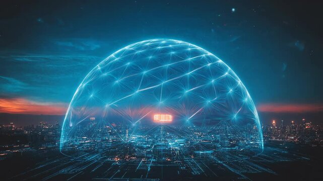 Glowing futuristic dome structure enveloping a city with connected blue lights