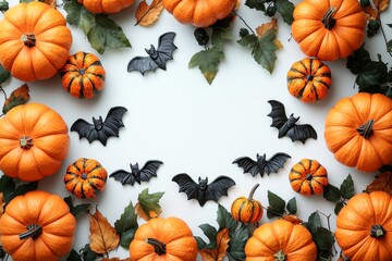 Halloween decorations with pumpkins, bats, spiders, and ghosts on a white background. Happy Halloween greeting poster.