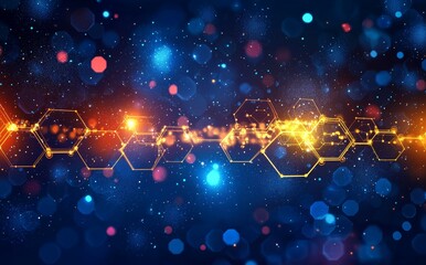 An abstract health care medical icon is displayed on a blue innovation concept background