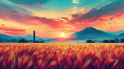 A Single Lighthouse Stands Tall Against a Sunset Over Mountains and a Field of Wheat