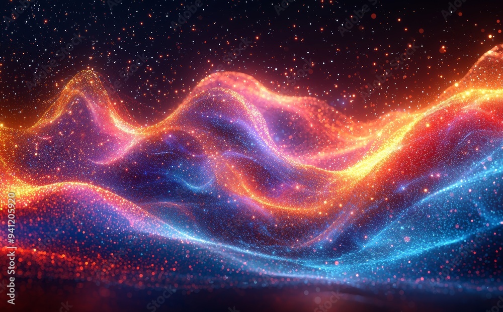 Poster with color light decoration on a black abstract wavy dimension background