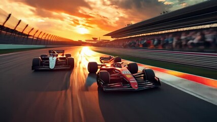 Two formula one cars racing on a track during a vibrant sunset, showcasing speed and competition