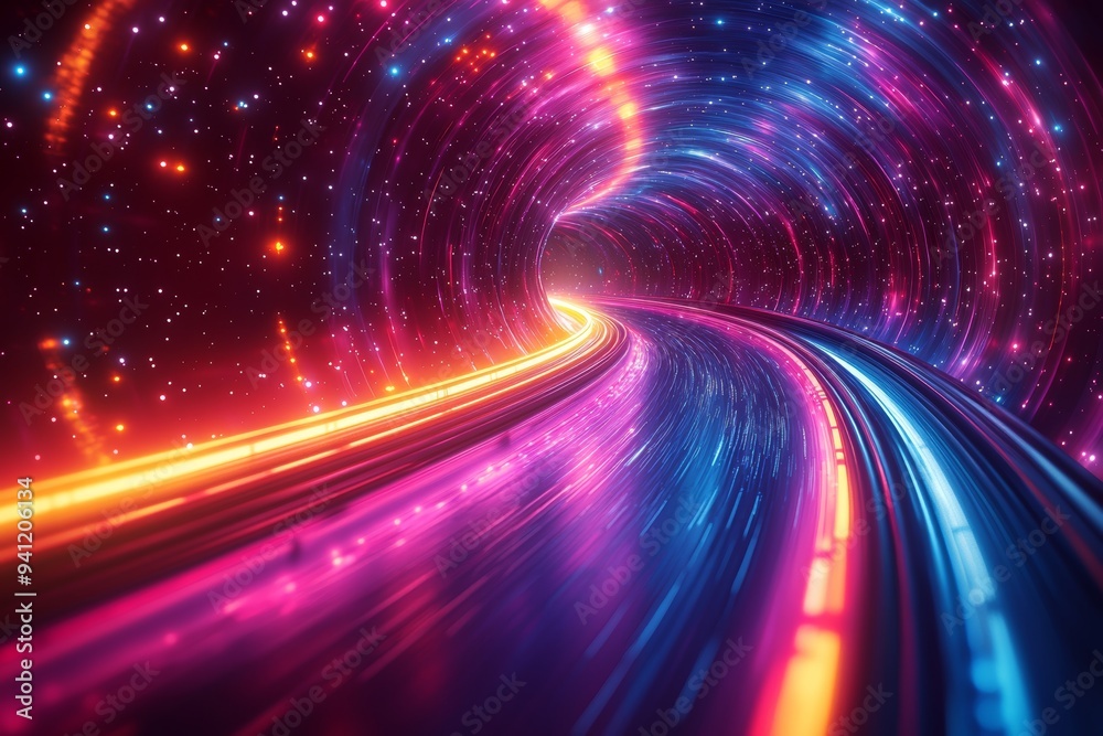 Poster Light beams of neon lines, abstract circular explosions on a glowing background. Dynamic effect futuristic hyper jump fast motion on a bright blue purple backdrop. Arranging disparate elements in a