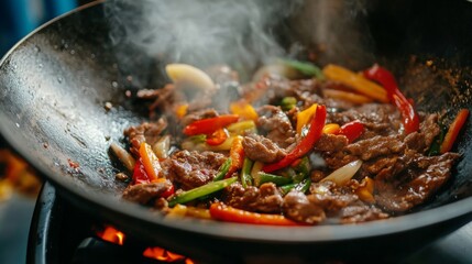 A close-up of a wok with stir-fried vegetables and meat, with a focus on the high sides and the vibrant colors of the cooked ingredients.