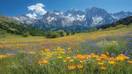 lush alpine meadow bursting with colorful wildflowers snowcapped mountains in background vibrant springtime scene with clear blue sky and warm sunlight